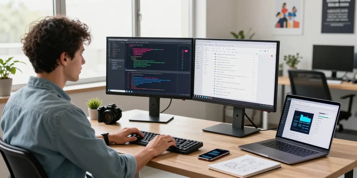 Dynamic workspace featuring a QR Code Generator in action, showcasing a developer coding on dual monitors with an engaging office environment.