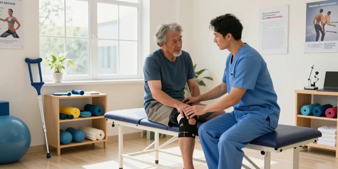 Orthopedic supplies being demonstrated by a therapist with a patient in a bright clinic setting.