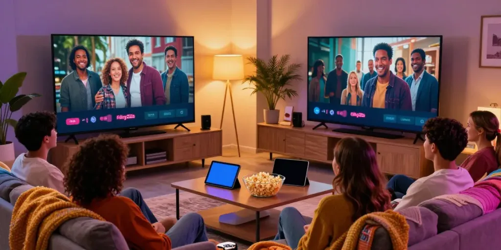 Friends watching movies together with FilmyZilla app for free download on a cozy living room screen.