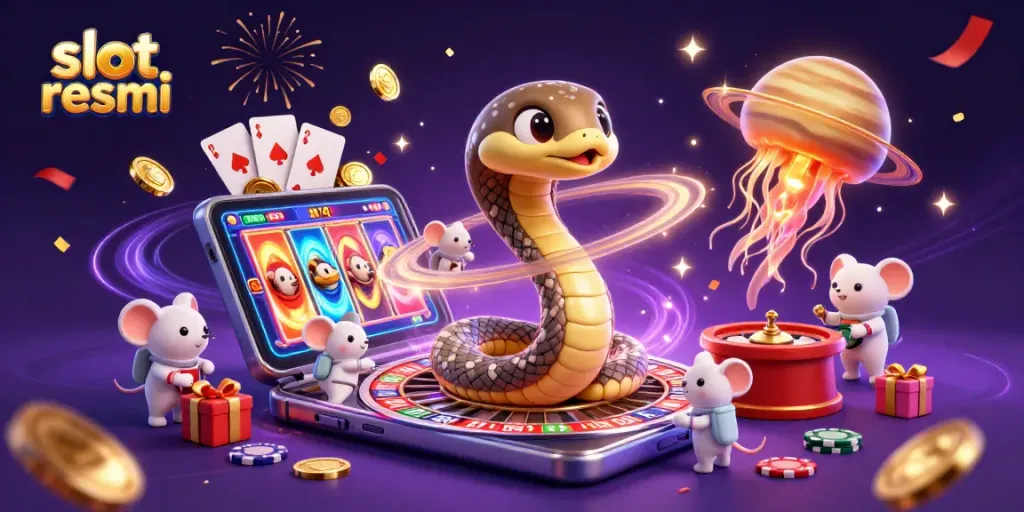 Experience the thrill of slot resmi with a vibrant cosmic casino scene of bets being placed and games spinning.