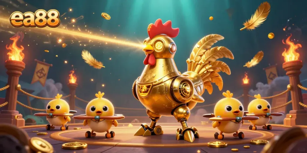 The golden rooster robot and baby chick drones illuminate the ea88 gaming arena with vibrant energy and golden tokens.