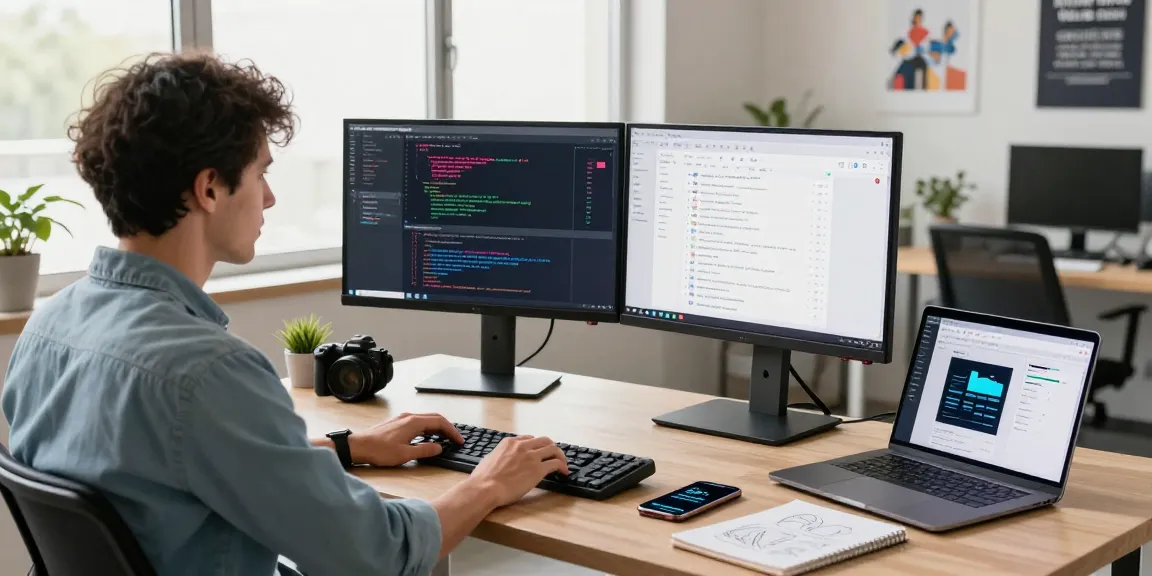 Dynamic workspace featuring a QR Code Generator in action, showcasing a developer coding on dual monitors with an engaging office environment.