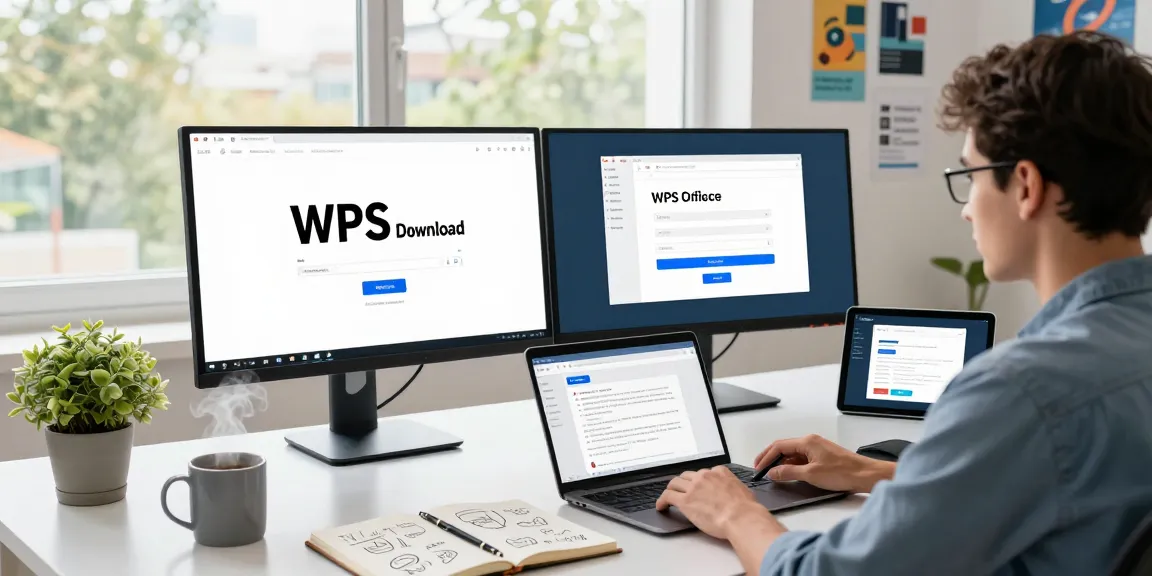 WPS Download in a modern workspace with dual monitors and productivity tools.