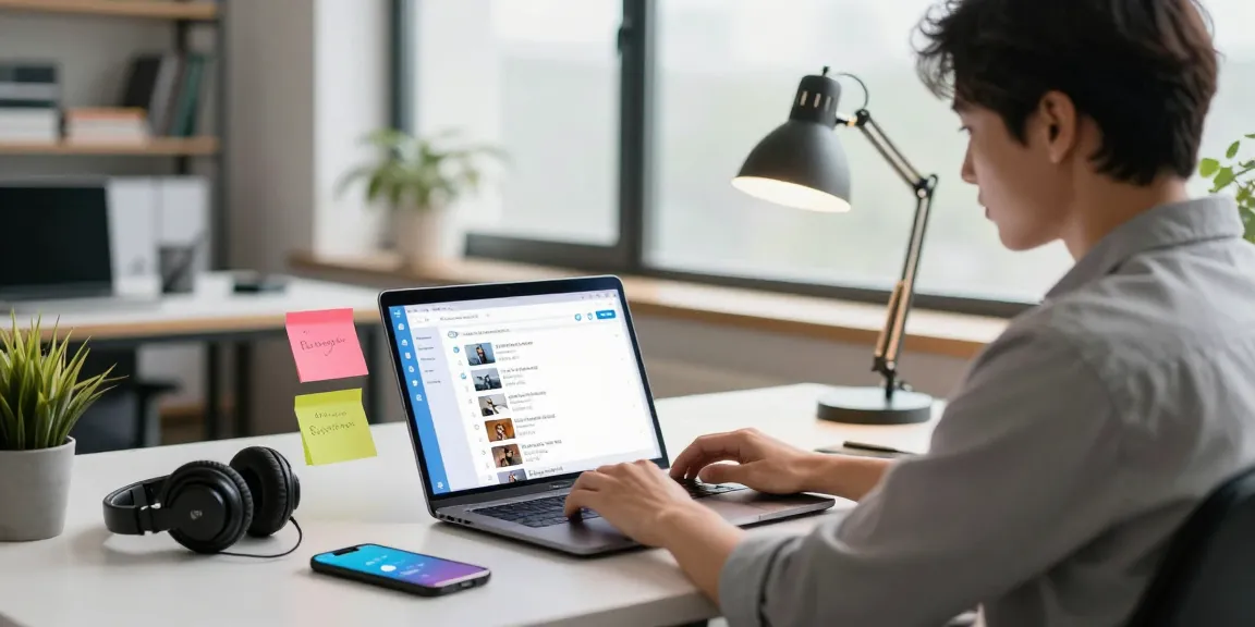 Professional using the Telegram Web Version in a modern workspace with a laptop and tech accessories.