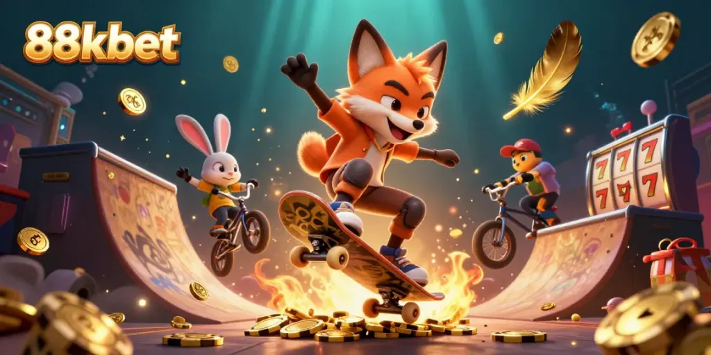 Experience the excitement of 88kbet with a dynamic illustration of a fox and rabbit in a casino-themed scene.