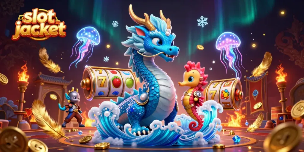 Experience thrilling slot jackpot excitement in this vibrant 3D illustration with a dynamic dragon and seahorse knight.