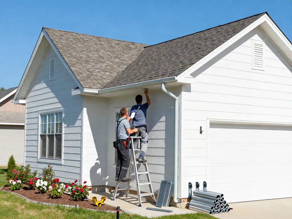 Spokane gutter installation with professionals working on seamless gutters at a home.