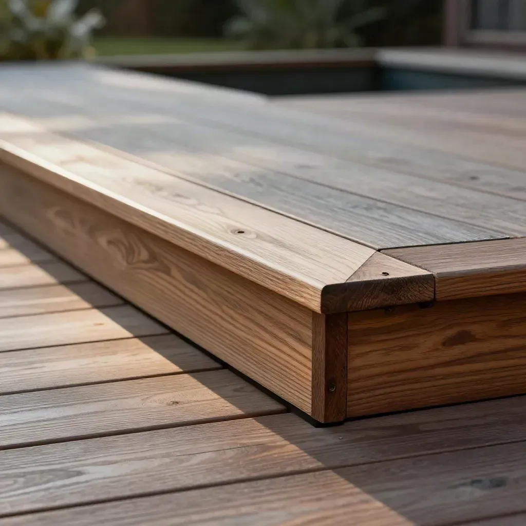 Cedar deck corner with mixed-width boards and planter transition in warm late-summer light.