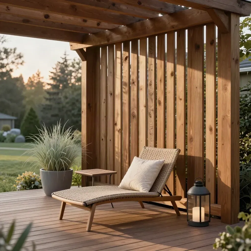 Cedar pergola and privacy slats over a finished deck seating area in warm evening light.
