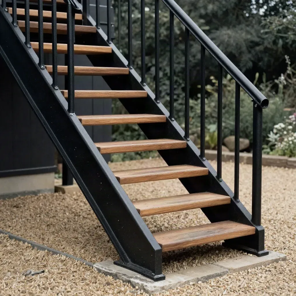Cedar and black metal stairs with railings descending to gravel in dramatic light
