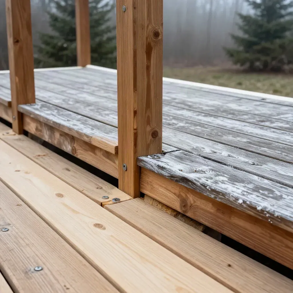 Repaired deck seam with fresh boards, renewed posts, and cold fog before winter.