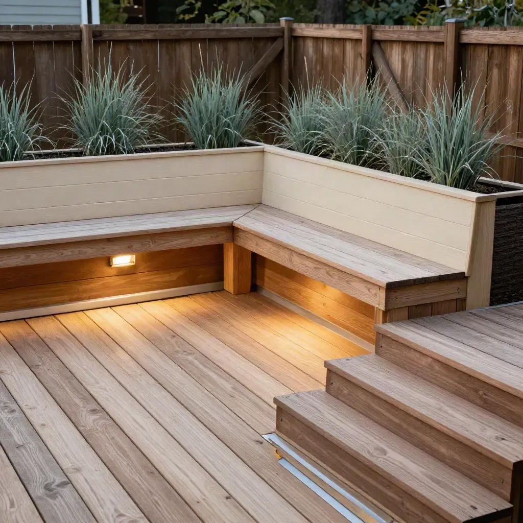 Finished compact deck with bench seating, planters, and a narrow side path in moody evening light.