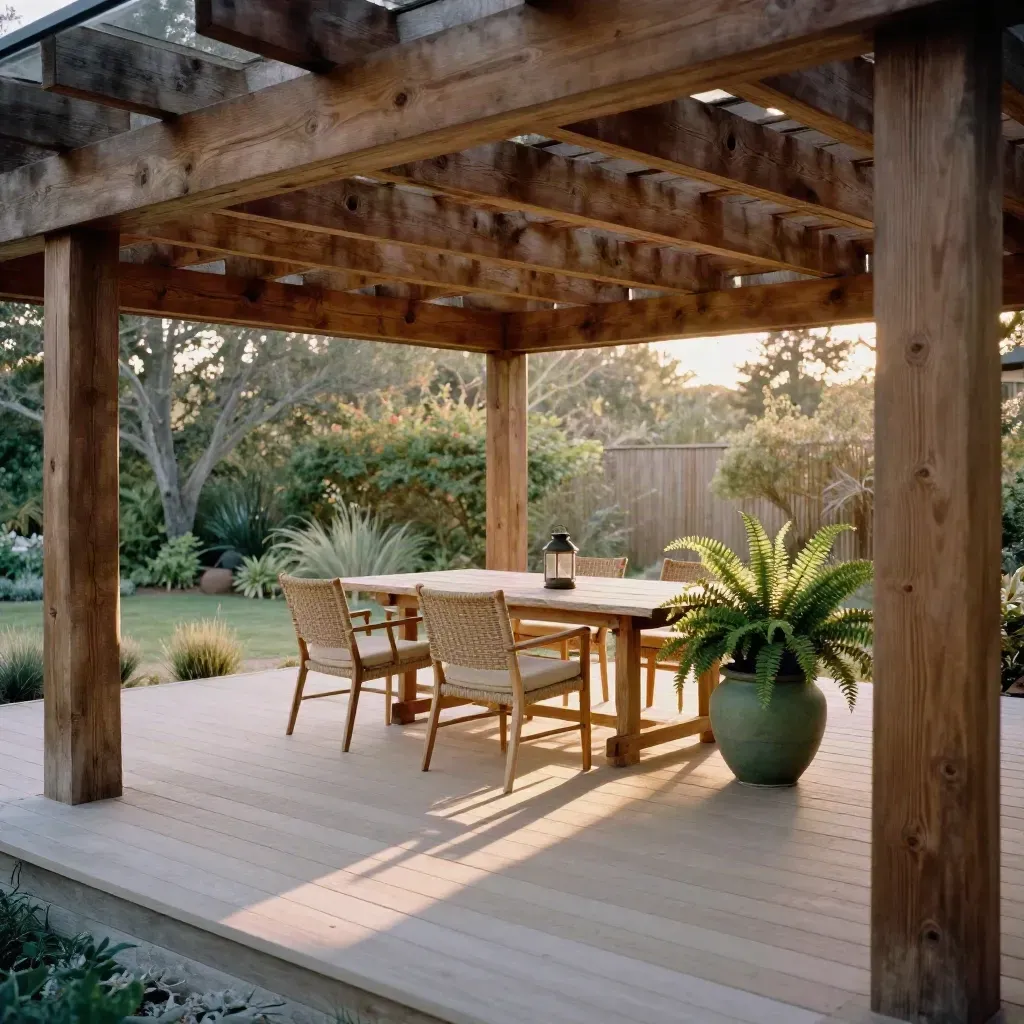 Cedar pergola over a finished patio deck with a sheltered dining area in warm evening light.