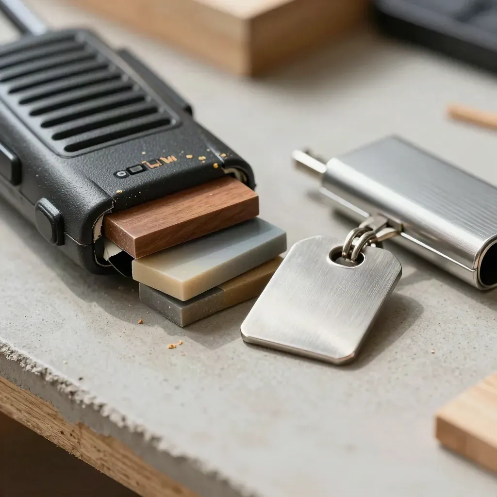 Macro still life of a deck project manager’s radio, sample chips, key tag, and pencil case on a workbench.