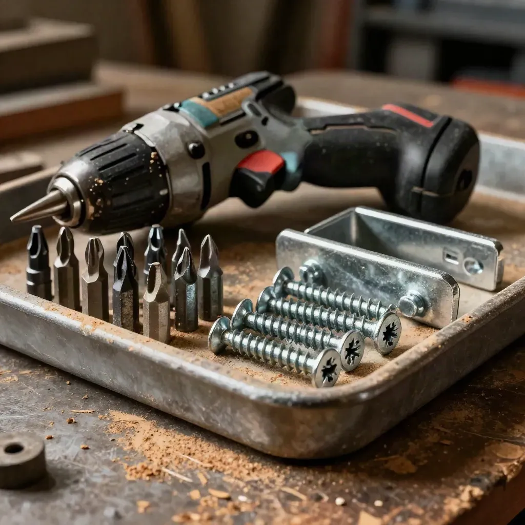 Impact driver, torx bits, screws, and joist hanger in a magnetic tray on a dusty workbench.