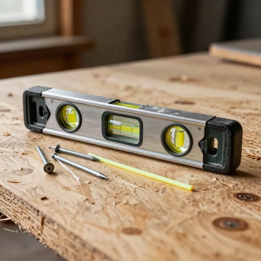 Torpedo level, chalk reel, layout pins and chalk line on raw plywood