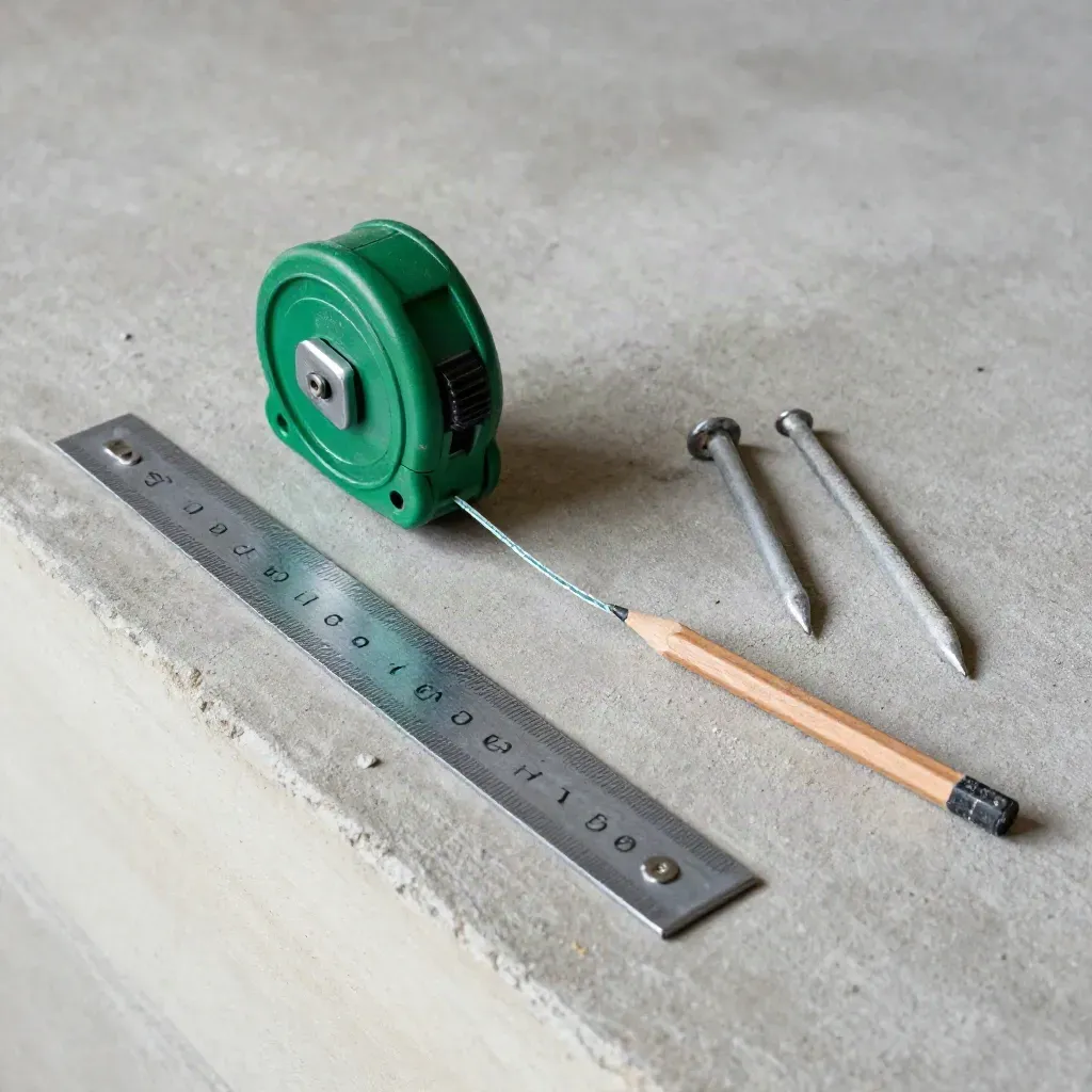 Framing square, chalk reel, stakes and pencil on a dusty concrete slab