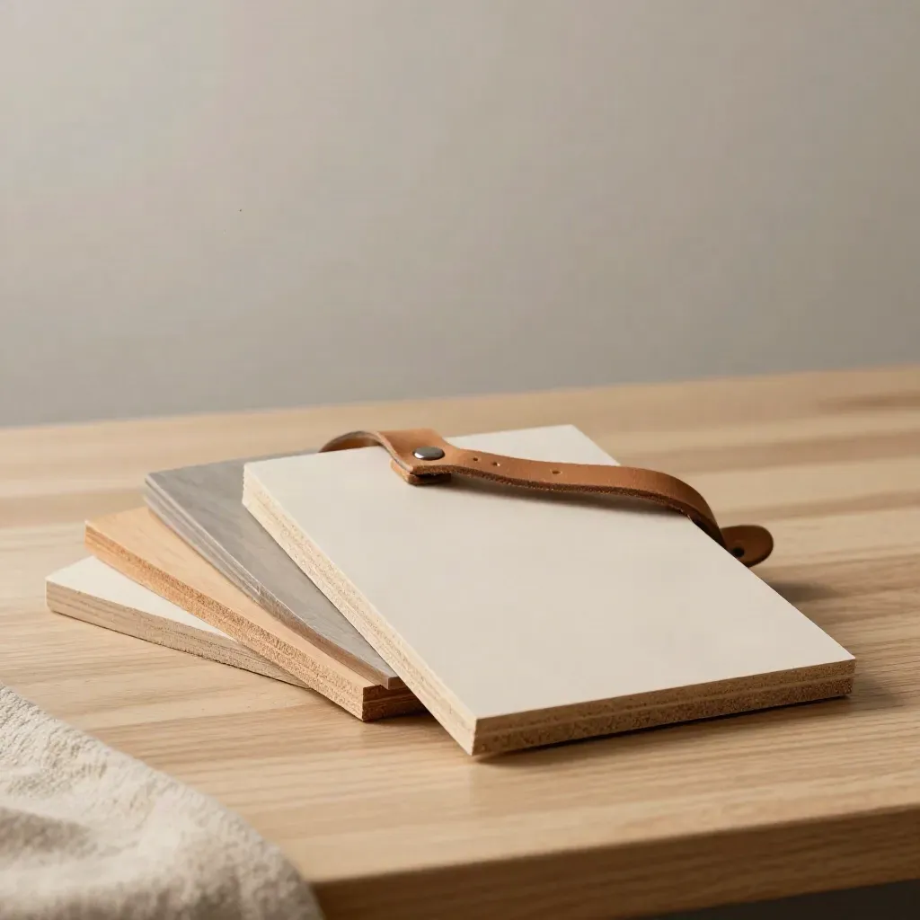 Cedar and composite deck samples fanned with a leather-tied finish puck on pale wood.
