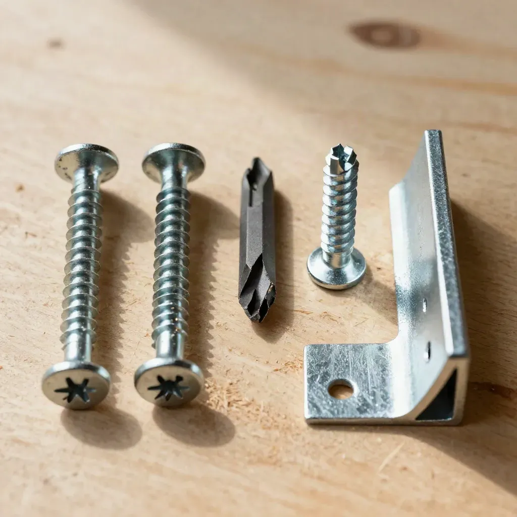 Deck screws, joist hanger, impact-driver bit, and angle bracket on plywood in a precise overhead flatlay.