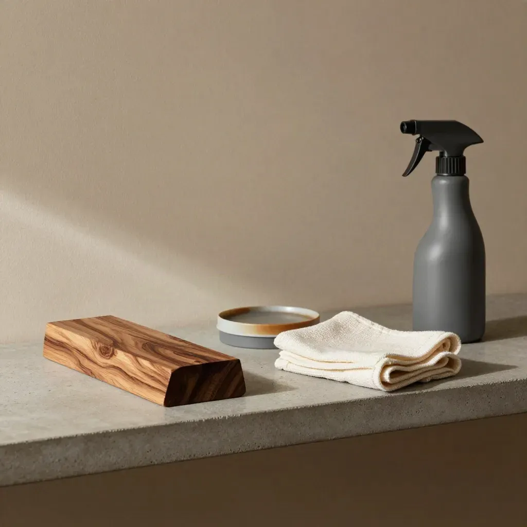 Deck maintenance still life with cedar offcut, stain pad, cloth, and sprayer on stone shelf