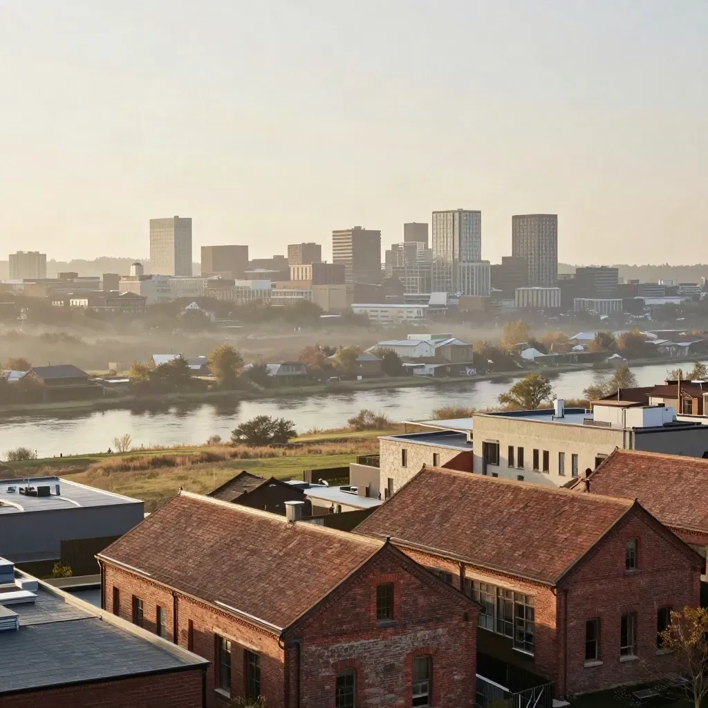 Grand River valley with brick mill roofs and Waterloo buildings in soft evening haze