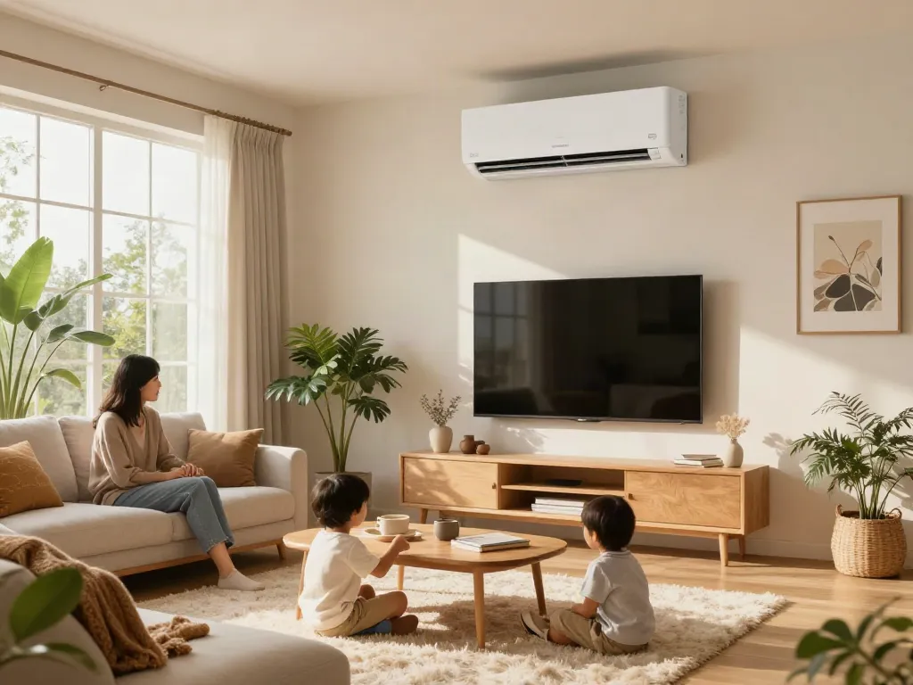 Ductless air conditioner in a cozy living room with family playing, showcasing a comfortable home environment.