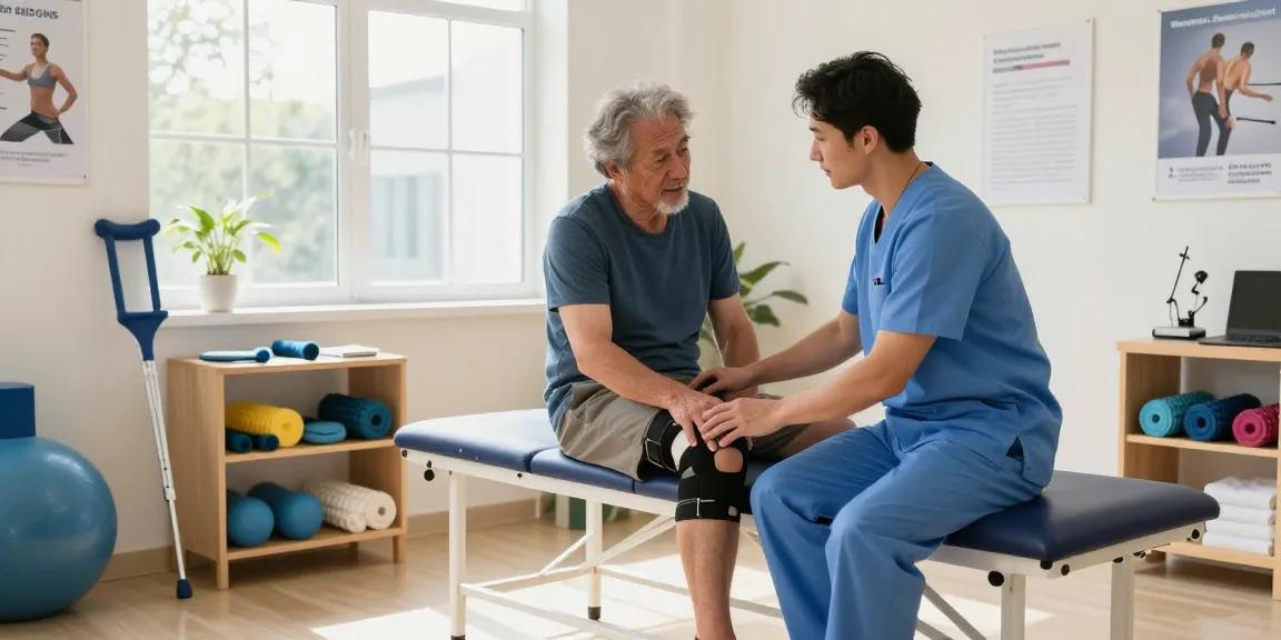 Orthopedic supplies being demonstrated by a therapist with a patient in a bright clinic setting.