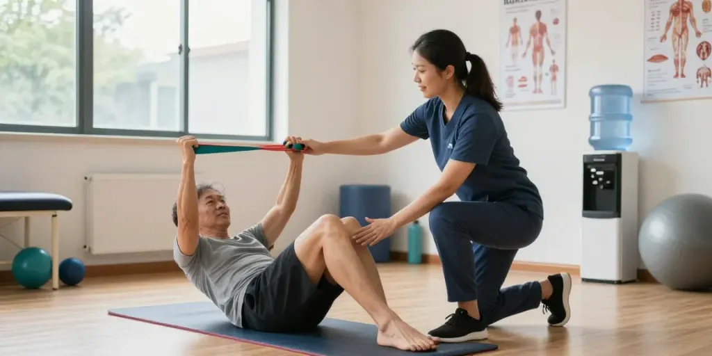 Physio near me burlington services in a bright physiotherapy clinic, showcasing a therapist assisting a patient with rehabilitation exercises.